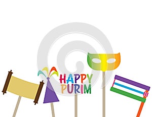 Happy Purim banner with greeting, grogger, mask, torah scroll and clown hat