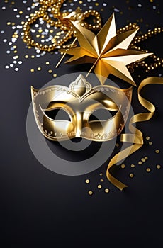 Happy Purim carnival composition. golden mask, ribbons and confetti on black background, flatlay