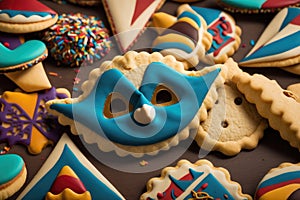 Happy Purim carnival decoration concept with traditional Hammentashen baked. AI generation