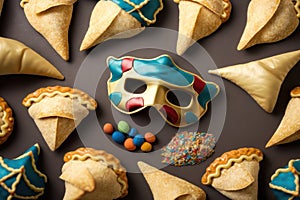 Happy Purim carnival decoration concept with traditional Hammentashen baked. AI generation