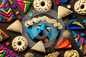 Happy Purim carnival decoration concept with traditional Hammentashen baked. AI generation