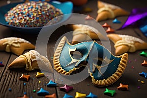 Happy Purim carnival decoration concept with traditional Hammentashen baked. AI generation