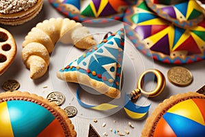 Happy Purim carnival decoration concept with traditional Hammentashen baked. AI generation