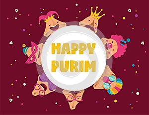 Happy Purim carnival with funny hamantashen - invitation - greeting - vector