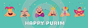 Happy Purim carnival with funny hamantashen - invitation - greeting - vector illustration