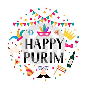 Happy Purim circle label with lettering, props and traditional Jewish symbols hamantaschen cookies, noisemaker, megillah esther, photo