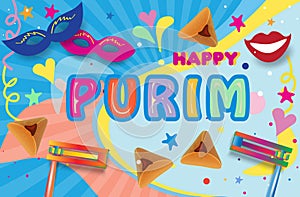 Happy Purim Festival - Hebrew text Jewish Holiday decoration Grogger gragger Ratchet Noise maker food hamantashen set