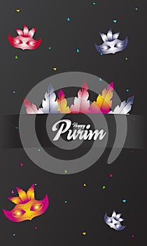 Happy Purim, jewish celebration party invitation (Happy Purim in Hebrew). Carnival mask