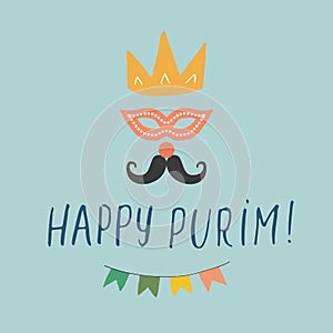 Happy Purim lettering, Jewish holiday and traditional elemets. vector illustration