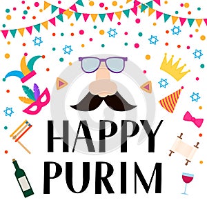 Happy Purim lettering, props and Jewish symbols hamantaschen cookies, noisemaker, megillah esther, wine, masque, crown. photo