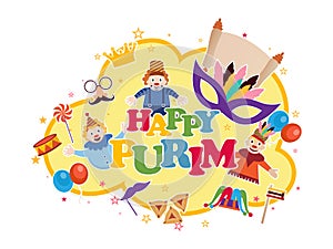 Happy Purim party template or greeting card design with masquerade, props and funny jesters on white background.