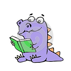 Happy purple dragon sits and reads a book with glasses. Vector illustration.