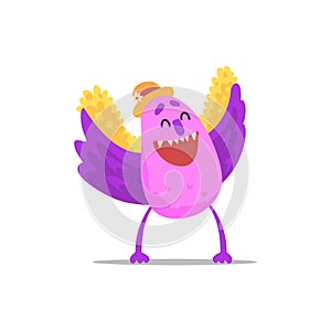 Happy Purple Monster With Wings In Straw Hat Partying Hard As A Guest At Glamorous Posh Party Vector Illustration