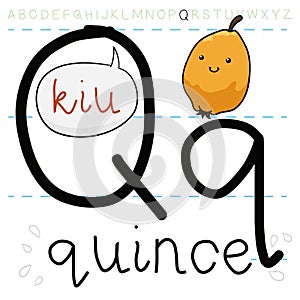 Happy Quince Learning about Q Letter and Grammar Lesson, Vector Illustration