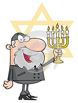 Happy rabbi man holding up a menorah