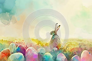 A happy rabbit paints a natural landscape of Easter eggs in a grassy field