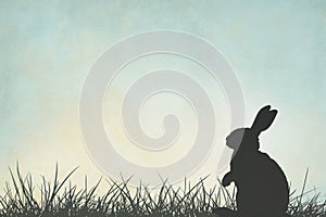 A happy rabbit silhouette in the grass under a cloudy sky