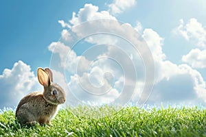 A happy rabbit sits in the grass under a cloudy sky in a natural landscape