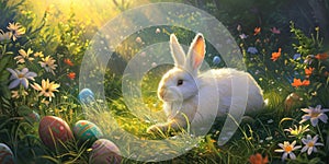 A happy rabbit is surrounded by Easter eggs in the grassy natural landscape AIG42E