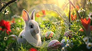 A happy rabbit is surrounded by Easter eggs in the grassy natural landscape AIG42E