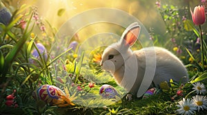 A happy rabbit is surrounded by Easter eggs in the grassy natural landscape AIG42E