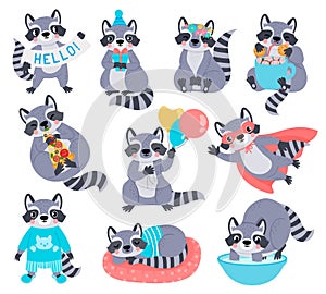 Happy raccoon mascot characters for kids birthday. Racoon superhero. Cute cartoon raccoons with balloon, eat pizza and