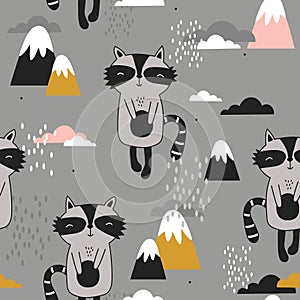 Happy raccoons, mountains, colorful seamless pattern. Decorative cute background with animals