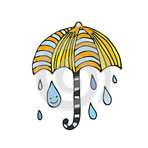 Happy Rain card. Doodle illustration. Sticker design. Vector umbrella icon.