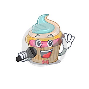 Happy rainbow cupcake singing on a microphone