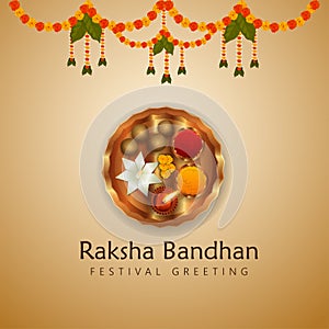 Happy rakhi indian festival celebration greeting card with creative pooja thali and garland flower