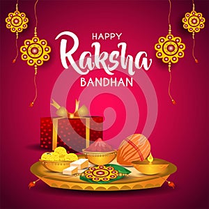 Happy Raksha Bandhan celebration concept. Beautiful decorated Thali, plate with Rakhi, Sweet and Earthen Lamp. vector illustration