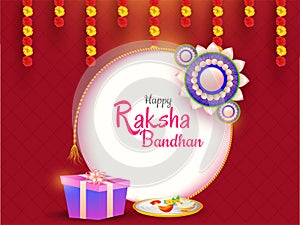 Happy Raksha Bandhan celebration greeting card design with decorative Rakhi.