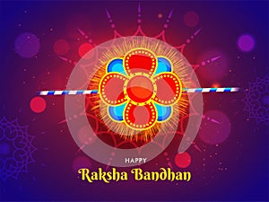 Happy Raksha Bandhan festival card or poster design with beautiful floral rakhi on shiny purple bokeh.