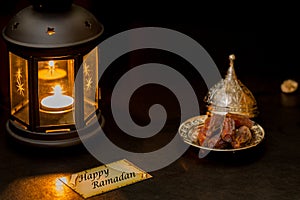 Happy Ramadan card with lantern and dates
