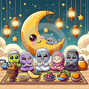 A happy ramadan deaign, with the cute ornaments arounds, food, fruit, cute crescent moon, lantern, clouds