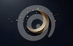 Happy Ramadan poster, copy space. Golden sophisticated moon on matte service. Modern minimalistic Islamic holiday banner with