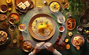 Happy Ramadan poster, hands eating festive food, muslim middle eastern dishes. Flatlay, top view, AI Generative