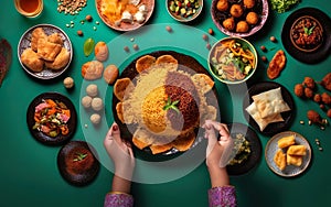 Happy Ramadan poster, hands eating festive food from muslim table. Flatlay, top view, over the. AI Generative