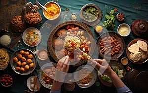 Happy Ramadan poster, hands eating festive food, muslim table full of middle eastern dishes. Flatlay, top view, AI Generative