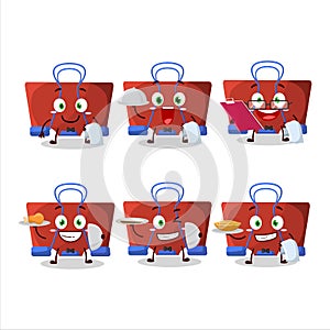 happy red binder clip waiter cartoon character holding a plate