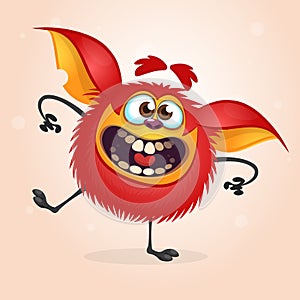 Happy red cartoon monster dancing. Halloween vector illustration ofrad furry monster character.