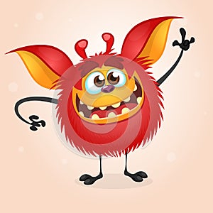 Happy red cartoon monster waving hand. Halloween vector illustration isolated.