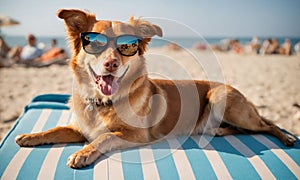A happy red dog in sunglasses lies on a sun lounger on the ocean shore, people are sunbathing in the background.