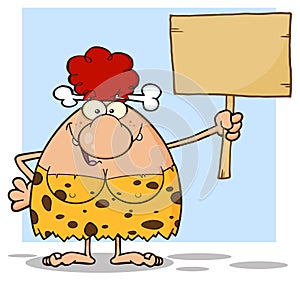 Happy Red Hair Cave Woman Cartoon Mascot Character Holding A Wooden Board