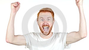 happy red hair man winning successfull on white background