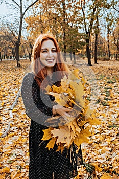 Happy red-haired woman holding yellow maple autumn leaves in fall park.