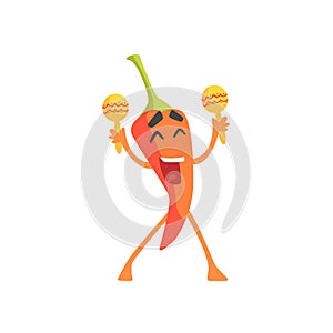 Happy Red Hot Chili Pepper Humanized Emotional Flat Cartoon Character With Maracas At The PArty