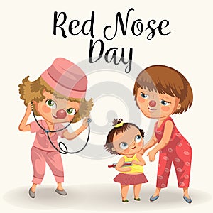 Happy red nose day, mother brought her daughter to medical doctor in hospital, mom fun clownnose and baby girl patient