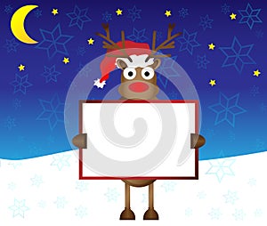 Happy red nose Reindeer deer holding blank paper