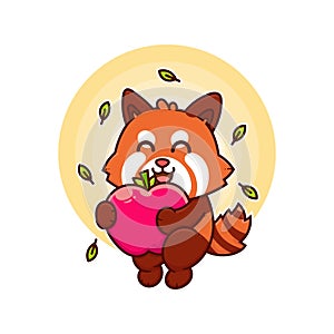 happy red panda eat apple adorable cartoon doodle vector illustration flat design style